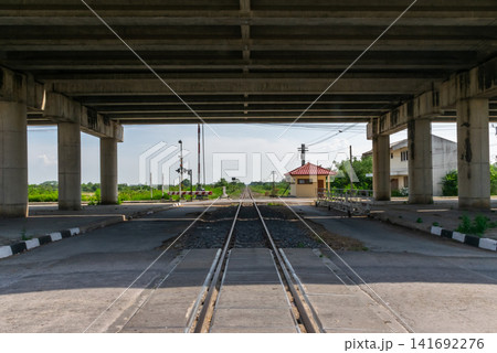 Railway crossing beneath concrete highway bridge tracks leading to horizon rural transport infrastructure engineering perspective under daylight open landscape 141692276