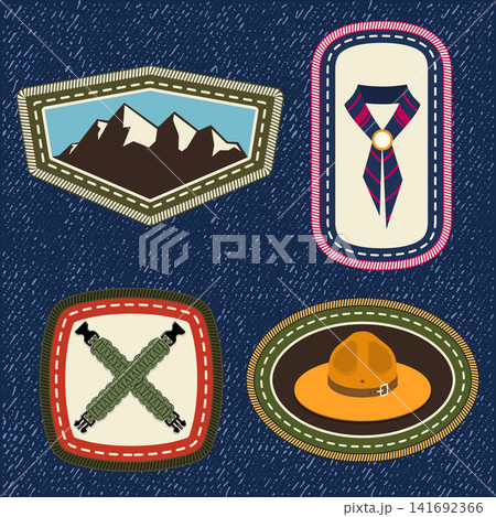Vintage Scout Merit Badge Set Vector, Retro Camping Embroidery Patch Collection with Mountain, Neckerchief, Paracord and Campaign Hat Adventure Symbols 141692366