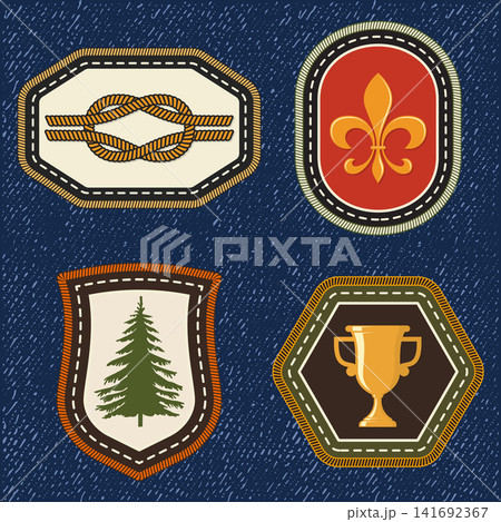 Vintage Scout Merit Badge Collection Vector, Retro Camping Embroidery Patch Set with Rope Knot, Fleur de Lis, Pine Tree and Award Trophy Outdoor Achievement Symbols Vintage Scout Merit Badge Collection Vector, Retro Camping Embroidery Patch Set with Rope Knot, Fleur de Lis, Pine Tree and Award Trophy Outdoor Achievement Symbols 141692367