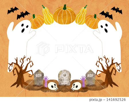 ハロウィンの手描き風イラストフレーム オレンジ背景とおばけの飾り枠（中央透過） 141692526