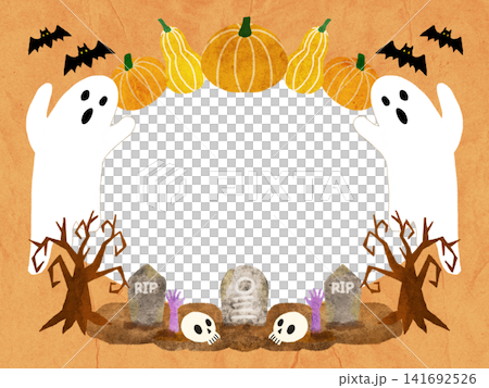 ハロウィンの手描き風イラストフレーム オレンジ背景とおばけの飾り枠（中央透過） 141692526