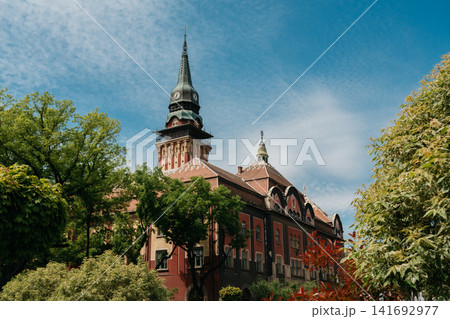 Subotica City Hall stands among green trees beneath a bright blue sky in Subotica, Serbia. Historic architecture, urban greenery, and cultural tourism in a peaceful city setting Subotica City Hall stands among green trees beneath a bright blue sky in Subotica, Serbia. Historic architecture, urban greenery, and cultural tourism in a peaceful city setting 141692977