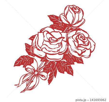 Vector sketch of a white roses. A stylized bouquet of flower on a stem with leaves, decorated with a bow. The drawing imitates a quick ink sketch. A symbol of love for a retro tattoo. Coquette style. Vector sketch of a white roses. A stylized bouquet of flower on a stem with leaves, decorated with a bow. The drawing imitates a quick ink sketch. A symbol of love for a retro tattoo. Coquette style. 141693062