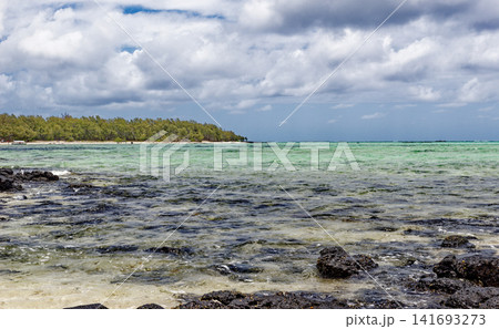 Scenic tropical beach with turquoise lagoon water, dark volcanic rocks, and pine trees at Ile aux Cerfs, Mauritius Scenic tropical beach with turquoise lagoon water, dark volcanic rocks, and pine trees at Ile aux Cerfs, Mauritius 141693273