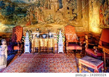 The historic Diogenes Room with Baroque tapestries and Delftware tulip pyramids at Dyrham Park, England 141693324