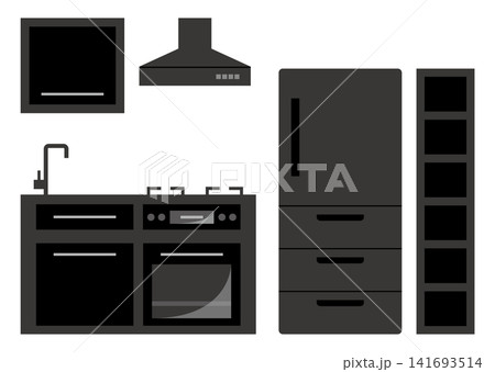 システムキッチンと冷蔵庫・収納棚のシンプルな住宅設備イラスト システムキッチンと冷蔵庫・収納棚のシンプルな住宅設備イラスト 141693514