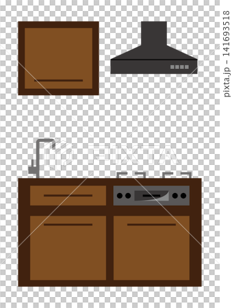 Compact system kitchen with wood grain design (illustration of residential equipment) Compact system kitchen with wood grain design (illustration of residential equipment) 141693518