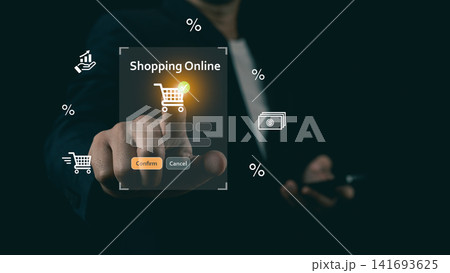 Businessman finger touching glowing online shopping cart interface on virtual screen, concept of e-commerce retail and digital transaction. Businessman finger touching glowing online shopping cart interface on virtual screen, concept of e-commerce retail and digital transaction. 141693625