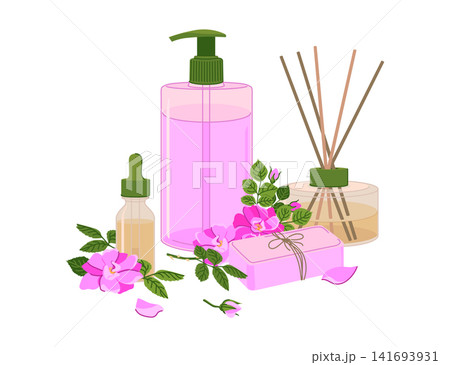 Vector illustration of Damask rose scented home essentials. Reed diffuser, a dropper bottle with essential oil and handmade soap bar. Perfect for spa, wellness, aromatherapy. Vector illustration of Damask rose scented home essentials. Reed diffuser, a dropper bottle with essential oil and handmade soap bar. Perfect for spa, wellness, aromatherapy. 141693931