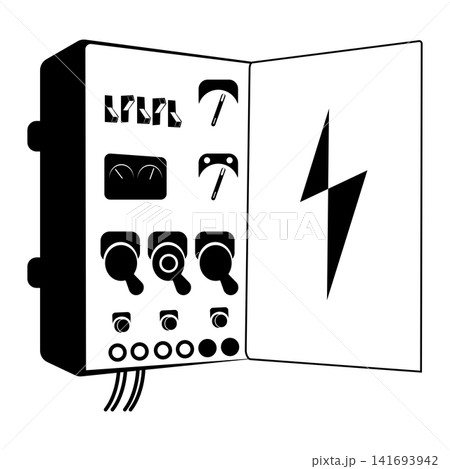 Electrical panel with an open door showing heavy switches for power 141693942
