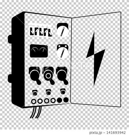Electrical panel with an open door showing heavy switches for power 141693942