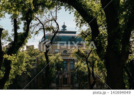 Historic domed building framed by trees in Subotica, Serbia. Elegant architecture hidden in summer greenery and soft light Historic domed building framed by trees in Subotica, Serbia. Elegant architecture hidden in summer greenery and soft light 141694049
