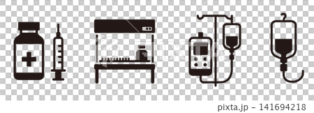 Medical pictogram set for medical devices, IV drips, injections, and medications; hospital, medical, and treatment icons. Medical pictogram set for medical devices, IV drips, injections, and medications; hospital, medical, and treatment icons. 141694218