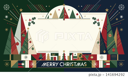 Merry Christmas horizontal frame template with abstract element geometric forms modern retro style have blank space. 141694292