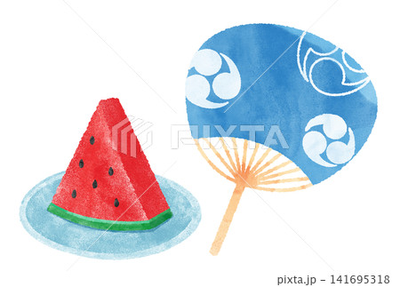 涼しげなうちわとスイカの水彩イラスト 涼しげなうちわとスイカの水彩イラスト 141695318