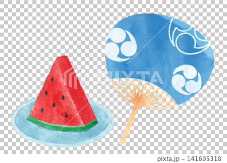 涼しげなうちわとスイカの水彩イラスト 涼しげなうちわとスイカの水彩イラスト 141695318