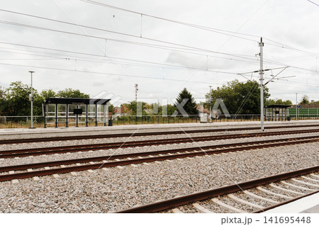Railway station with multiple tracks and overhead electric lines under cloudy sky. Concept of transport infrastructure mobility and regional travel Railway station with multiple tracks and overhead electric lines under cloudy sky. Concept of transport infrastructure mobility and regional travel 141695448