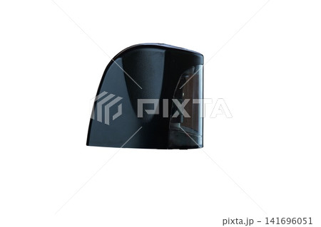 Black electric pencil sharpener with transparent shaving compartment isolated on white 141696051
