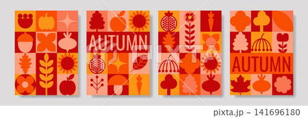 Autumn harvest geometric grid poster set with minimalist fall foliage and crop icons Autumn harvest geometric grid poster set with minimalist fall foliage and crop icons 141696180