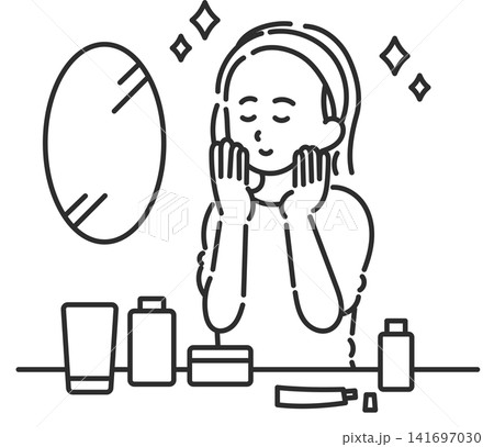 スキンケアをする女性のイラスト　線画のみ 141697030