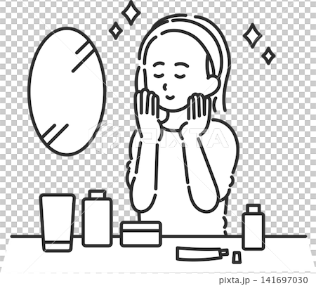 スキンケアをする女性のイラスト　線画のみ 141697030