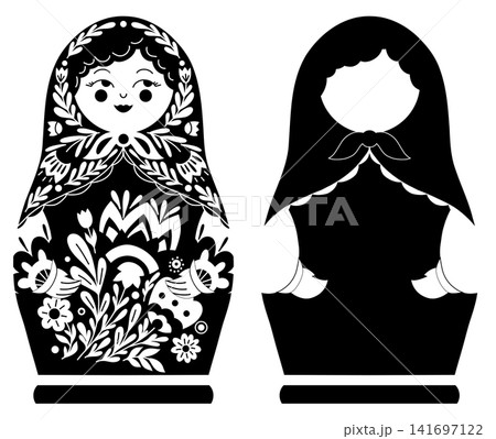 Vector set of black and white Russian nesting doll with floral pattern and blank silhouette. 141697122