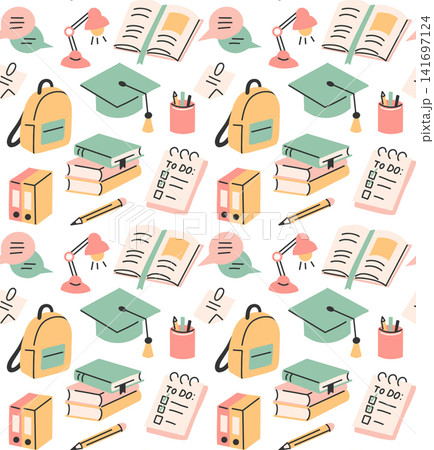 Vector seamless pattern with cute school supplies, books, graduation cap, and backpack. Vector seamless pattern with cute school supplies, books, graduation cap, and backpack. 141697124