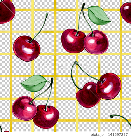 Seamless pattern with cherries on a checkered background. Watercolor illustration. Seamless pattern with cherries on a checkered background. Watercolor illustration. 141697257