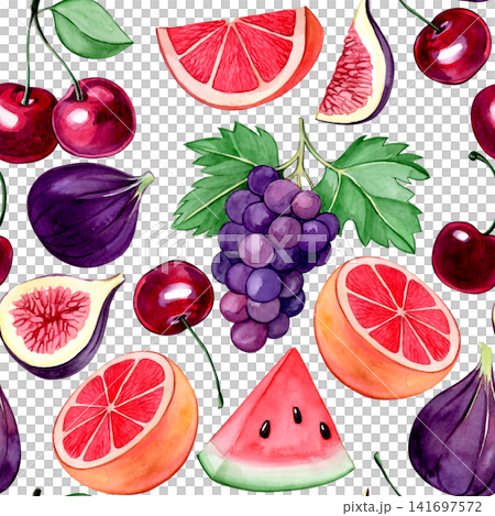 Seamless pattern of summer fruits. Watercolor illustration in a cartoon style. Seamless pattern of summer fruits. Watercolor illustration in a cartoon style. 141697572