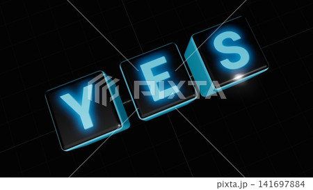YESの文字が光る青い立方体、暗闇に浮かぶ YESの文字が光る青い立方体、暗闇に浮かぶ 141697884