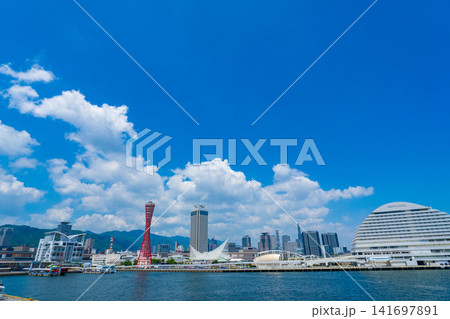 神戸市　真夏の神戸港と神戸ポートタワー 141697891