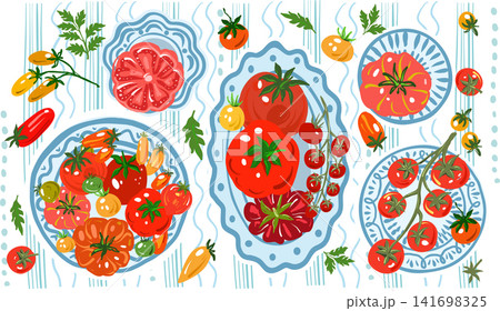 Colorful tomato assortment arranged on decorative plates Colorful tomato assortment arranged on decorative plates 141698325