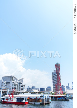 夏の青空と六甲山を背景に広がる神戸ポートタワーと神戸港の全景 夏の青空と六甲山を背景に広がる神戸ポートタワーと神戸港の全景 141698677