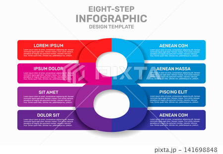 Three-step horizontal banner infographic template with a large number 8, text and business icons. Vector illustration. 141698848