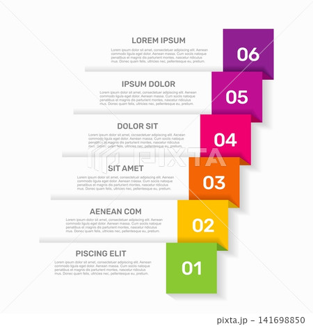 Modern business infographic template featuring six numbered colorful staircase steps and text. Vector illustration. Modern business infographic template featuring six numbered colorful staircase steps and text. Vector illustration. 141698850