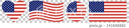 United States of America flags collection. Flag of USA in heart shape isolated. Waving flag of United States of America isolated. Circle flag of USA isolated in round shape. 141698892