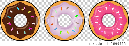 Three delicious glazed donuts set with colorful sprinkles for bakery menu poster sweet dessert food store graphic illustration card layout Three delicious glazed donuts set with colorful sprinkles for bakery menu poster sweet dessert food store graphic illustration card layout 141699333