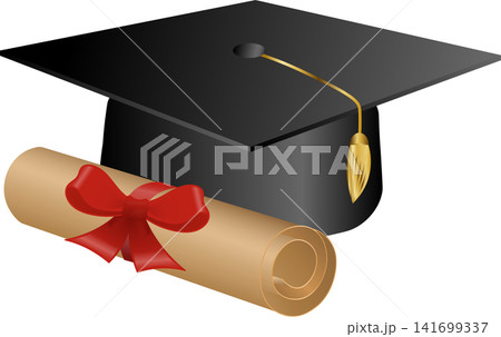 Black graduation cap and scroll diploma with red ribbon layout template for university college high school academic success celebration design Black graduation cap and scroll diploma with red ribbon layout template for university college high school academic success celebration design 141699337