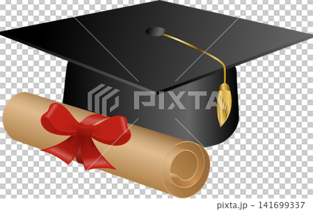 Black graduation cap and scroll diploma with red ribbon layout template for university college high school academic success celebration design Black graduation cap and scroll diploma with red ribbon layout template for university college high school academic success celebration design 141699337