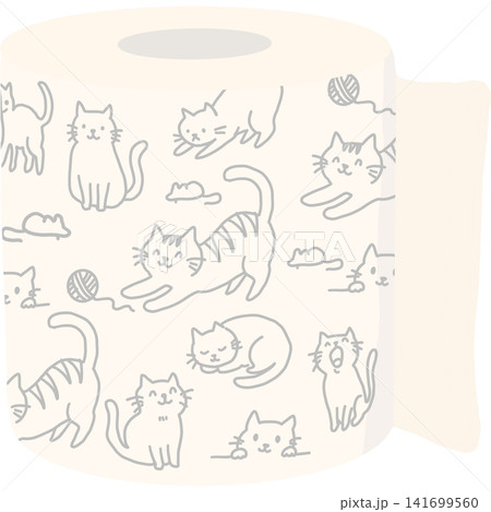 Adorable hand drawn cats in playful poses with yarn balls, tiny mice, and sweet expressions on a soft cream background.  141699560