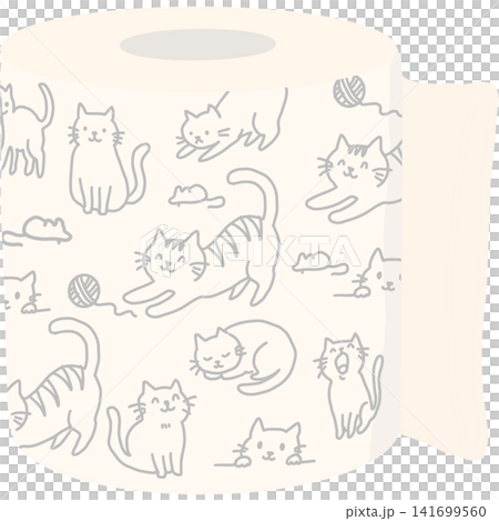 Adorable hand drawn cats in playful poses with yarn balls, tiny mice, and sweet expressions on a soft cream background.  141699560