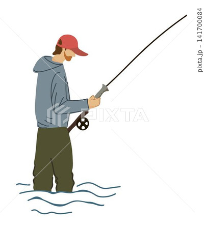 Simple color vector illustration. A fisherman with a fishing rod stands in the water. A man with a red beard, a cap, a blue jacket. Summer hobby and sports. Simple color vector illustration. A fisherman with a fishing rod stands in the water. A man with a red beard, a cap, a blue jacket. Summer hobby and sports. 141700084