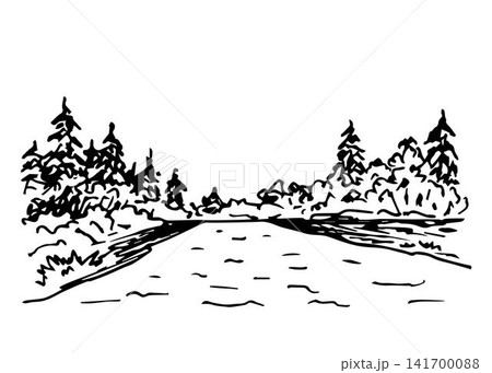 Hand-drawn ink vector drawing. Wildlife of the northern countries, conifers, spruce, calm river, banks. Landscape, nature, travel. For prints of cards, labels. Hand-drawn ink vector drawing. Wildlife of the northern countries, conifers, spruce, calm river, banks. Landscape, nature, travel. For prints of cards, labels. 141700088