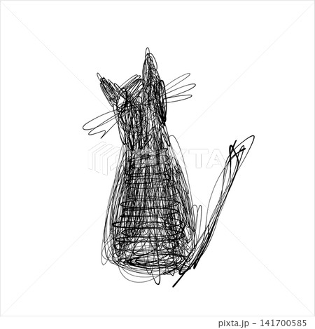 Abstract Scribble Cat Vector Illustration, Sitting Kitten Waving Paw Line Art Sketch Abstract Scribble Cat Vector Illustration, Sitting Kitten Waving Paw Line Art Sketch 141700585