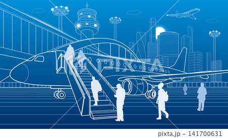 Modern airport vector illustration with passengers boarding an airplane, city skyline, air traffic control tower and aircraft in flight. Travel, aviation and business transportation concept. 141700631