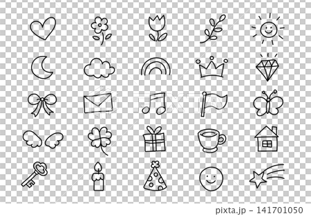 Cute hand-drawn style icon set: monochrome line art, simple illustration materials. Cute hand-drawn style icon set: monochrome line art, simple illustration materials. 141701050