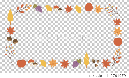 秋のフレーム 秋のバナーイラスト 背景　  森の動物　紅葉　秋の食べ物　秋素材　シンプル  141701079