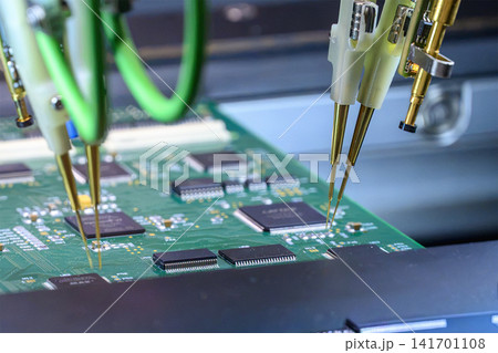 Automated system performing quality control inspection on electronic circuit boards mass production. Automated system performing quality control inspection on electronic circuit boards mass production. 141701108