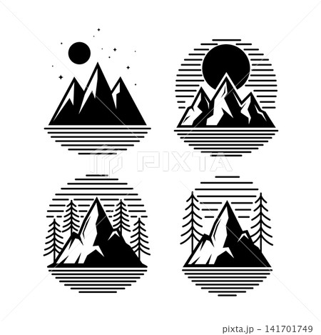 Mountain peaks stand tall, sharp, and stark. Sun and stars glow above rugged, icy summits. Trees dot slopes, adding life to stark landscapes. Ridge lines and rays hint at dawn or dusk Mountain peaks stand tall, sharp, and stark. Sun and stars glow above rugged, icy summits. Trees dot slopes, adding life to stark landscapes. Ridge lines and rays hint at dawn or dusk 141701749
