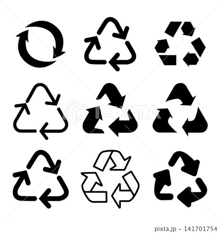 Black recycling symbols on a clean white background. Simple, bold outlines convey environmental responsibility. Each icon features arrows or circular motion. Perfect for eco campaigns Black recycling symbols on a clean white background. Simple, bold outlines convey environmental responsibility. Each icon features arrows or circular motion. Perfect for eco campaigns 141701754